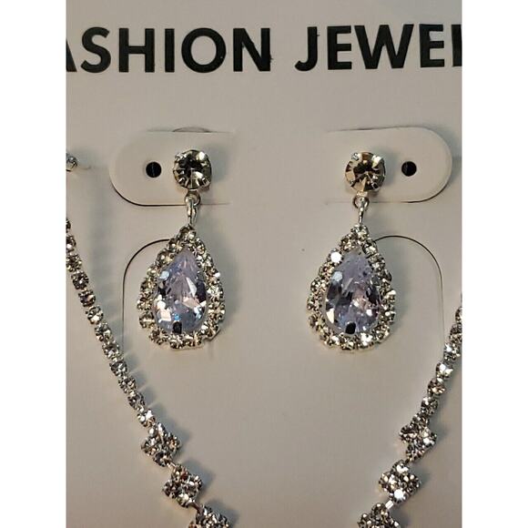 Sparkly Clear Teardrop Rhinestone Pendant Necklace & Earrings Set, Silver Tone - Picture 2 of 12